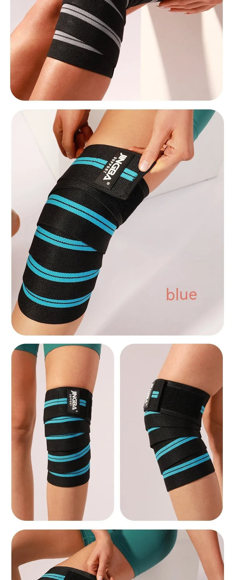 Adjustable adult knee pads for multi-sport use including weightlifting and cycling, shown in blue colour