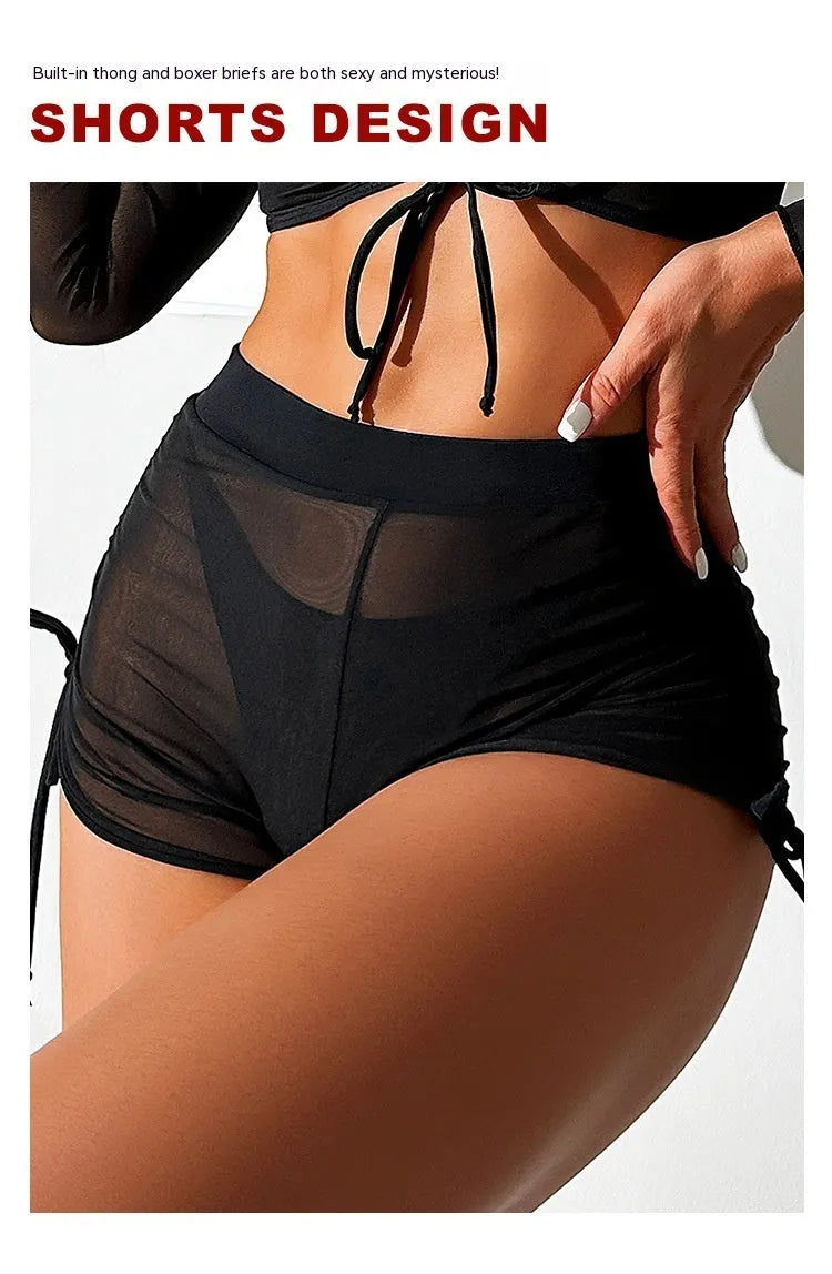 Black long sleeve women's bikini swimsuit four-piece set