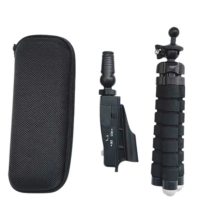 Golf putter laser aiming instrument shown with optional tripod and zipper storage box.