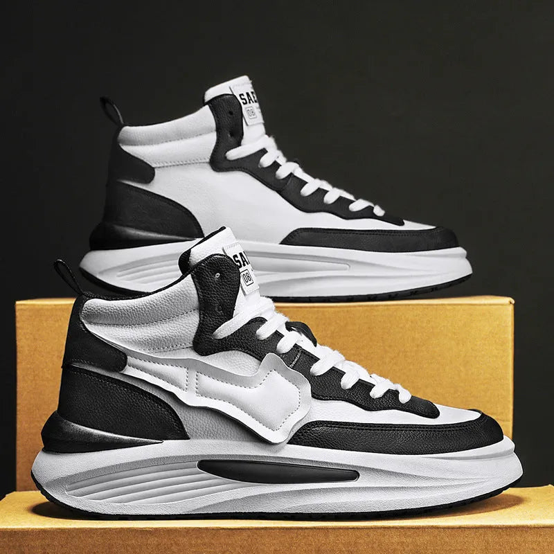 Men's black and white high-top platform casual shoes with a round toe and PU leather upper.