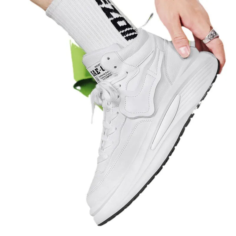 Men's black and white high-top platform casual shoes with a round toe and PU leather upper.