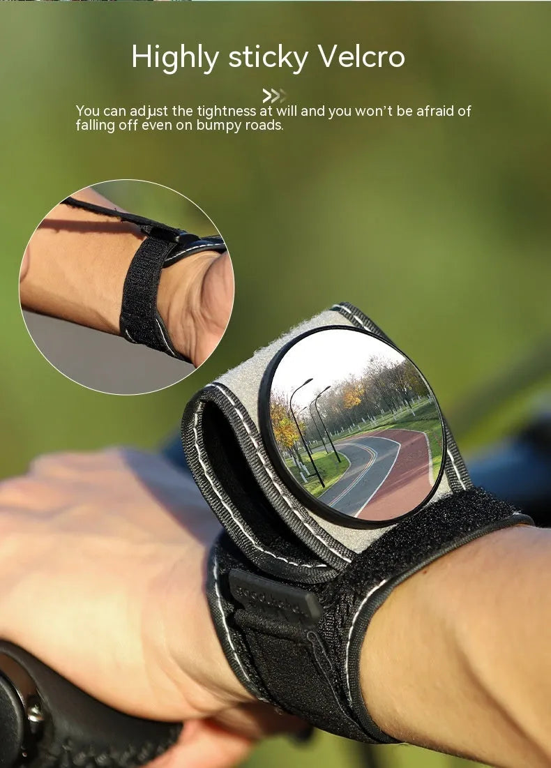 Black nylon bicycle rear-view mirror mounted on handlebars for cycling safety