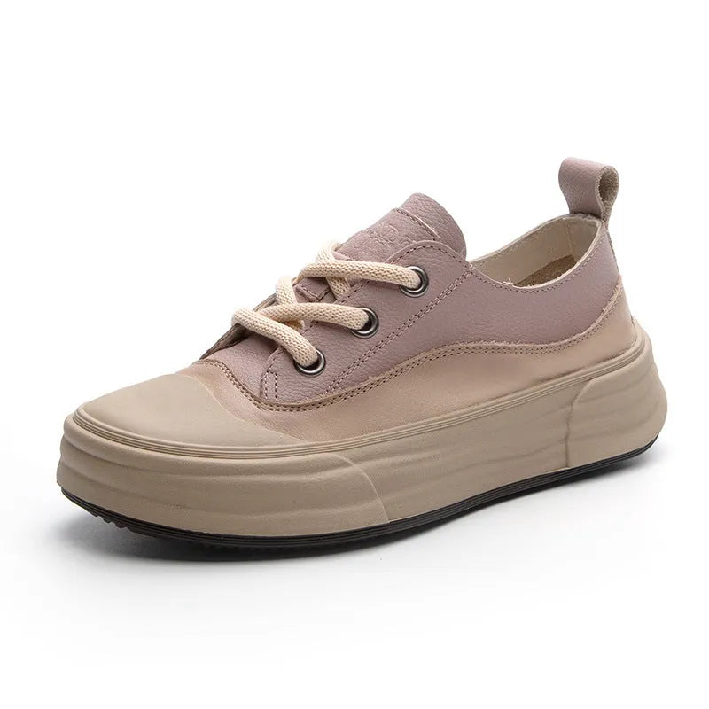 Women's leather platform sneakers in matcha, orange, and purple colours showing round toe and lace-up design