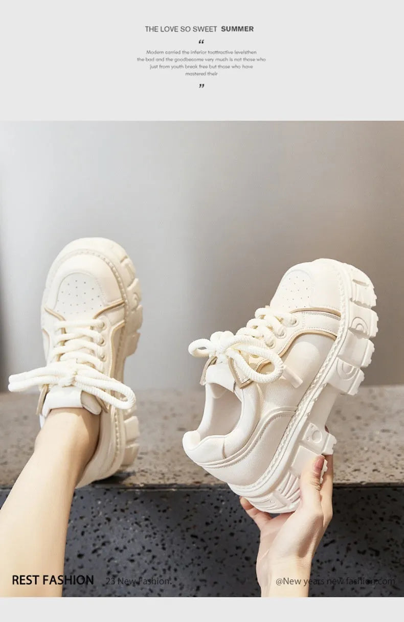Women's beige platform leather shoes with muffin bottom design and rubber foam sole