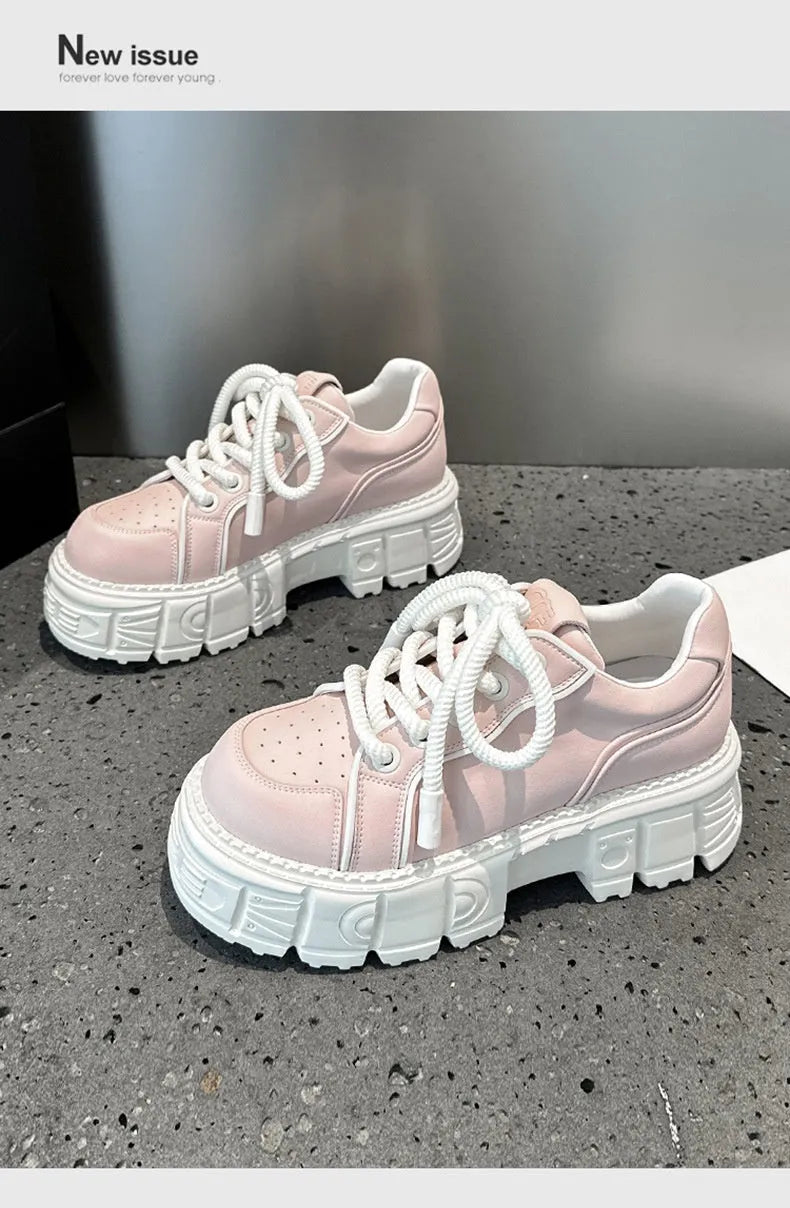 Women's beige platform leather shoes with muffin bottom design and rubber foam sole