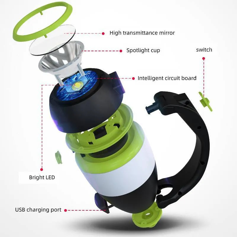 Black-green multifunctional LED lamp with adjustable head showing three lighting modes and USB charging port