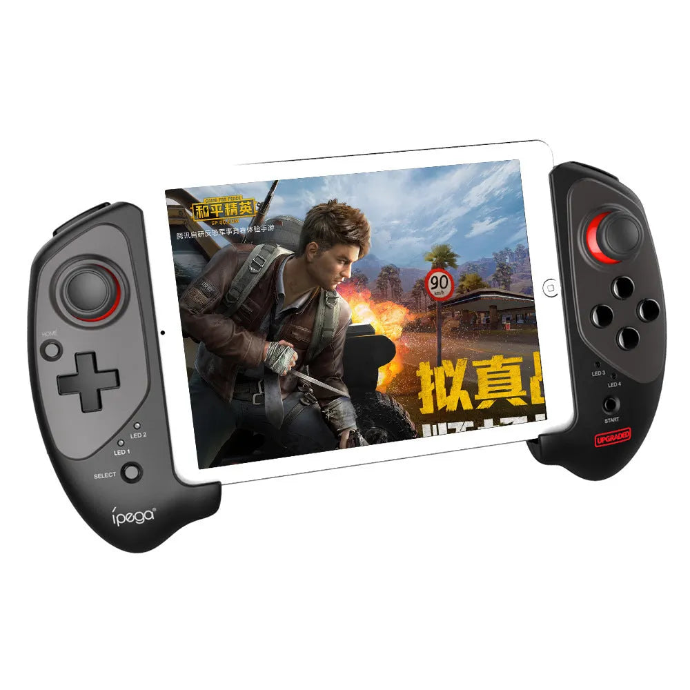 Red telescopic Bluetooth gamepad controller extended with smartphone and USB cable