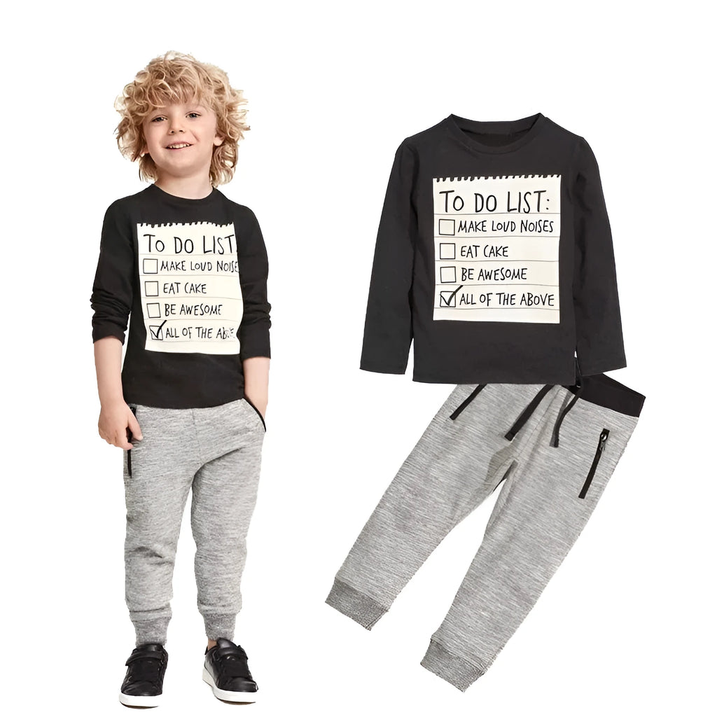 Boys' casual cotton two-piece set with long sleeve t-shirt and pants, letter print design.