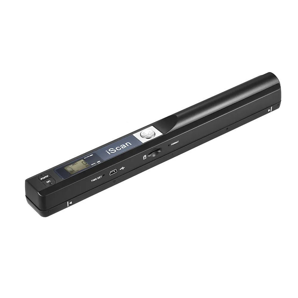 A handheld USB document scanner in a choice of five colours: black, blue, green, red, and silver.