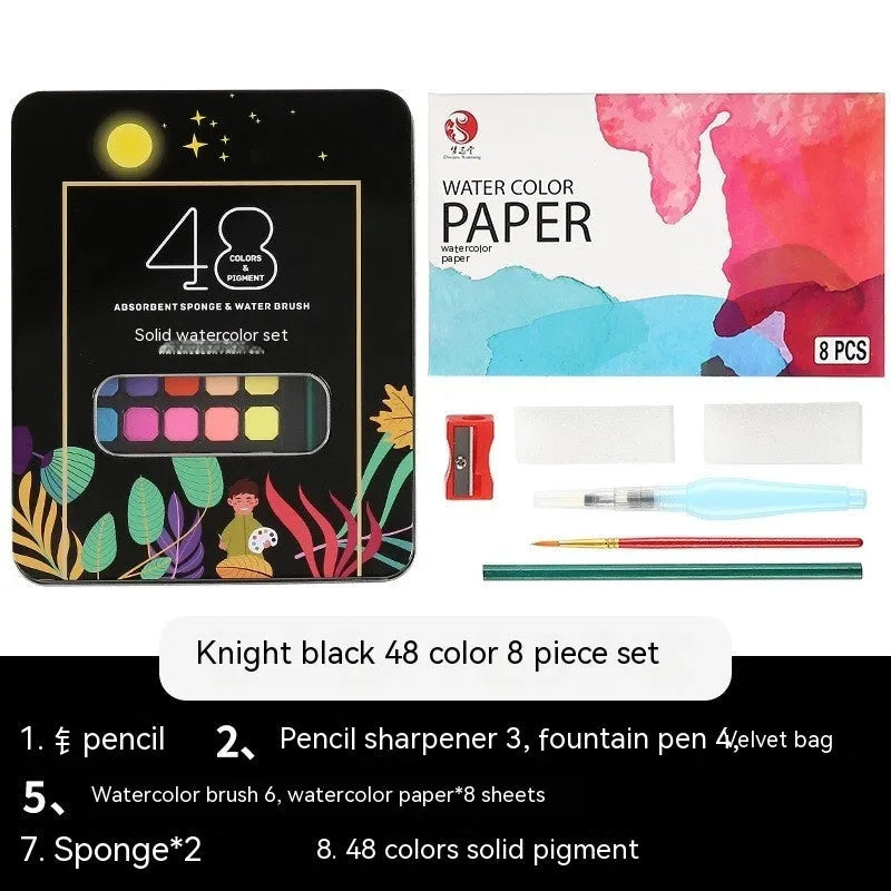 Solid watercolour paint set showing 48 colour pans with black knight, girl pink and sunshine blue shades