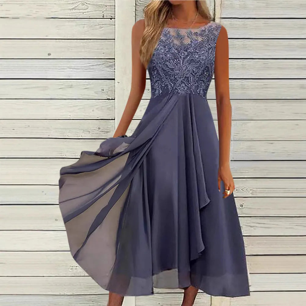 Women's sleeveless chiffon dress with hollow-out lace stitching in blue, green or purple colour options