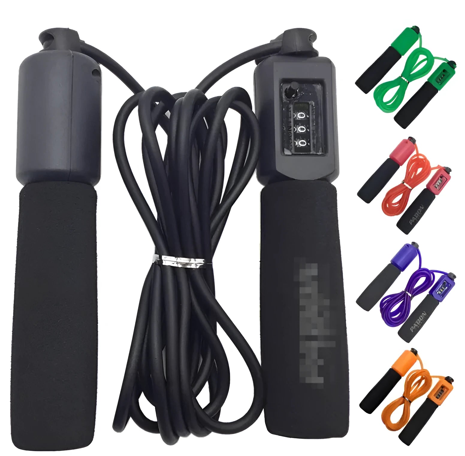 Adjustable fitness skipping rope with sponge handles shown in multiple colour and suit pattern options