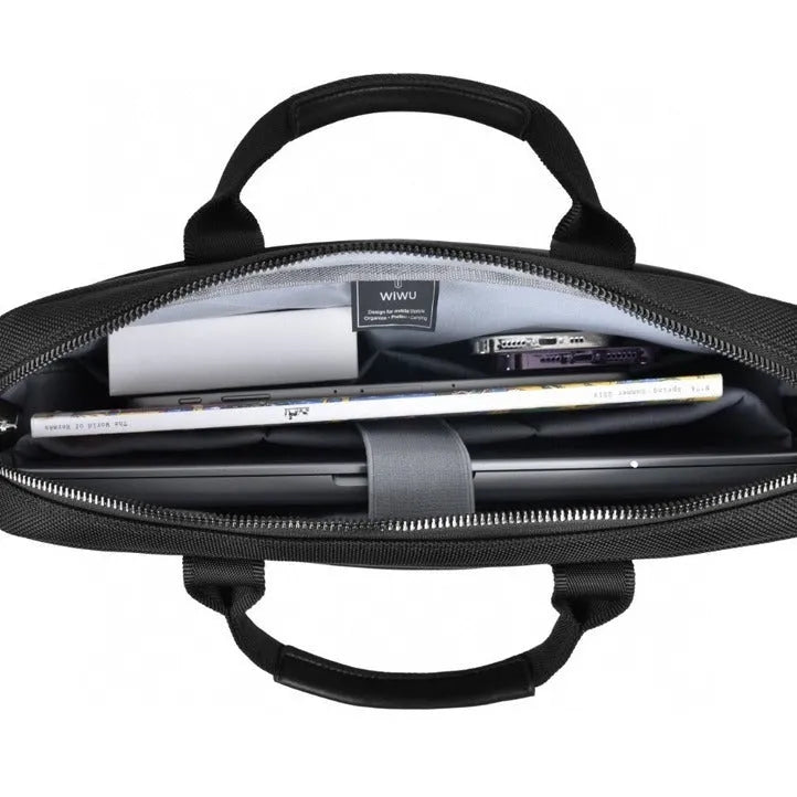 Black Oxford cloth laptop backpack showing multiple organisation pockets and a separate padded computer compartment.
