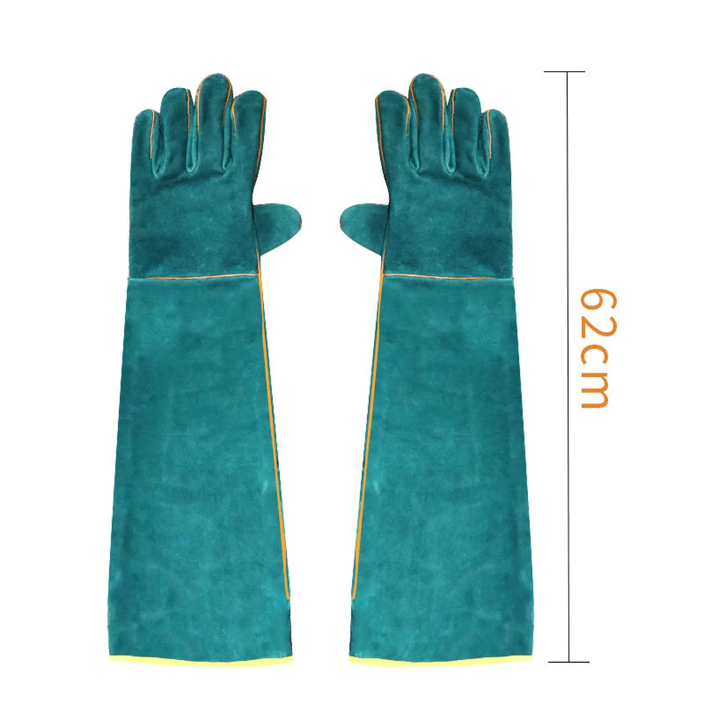 Pair of dark green multi-function anti-bite safety gloves with extended cuffs made from thickened cowhide leather for pet handling.