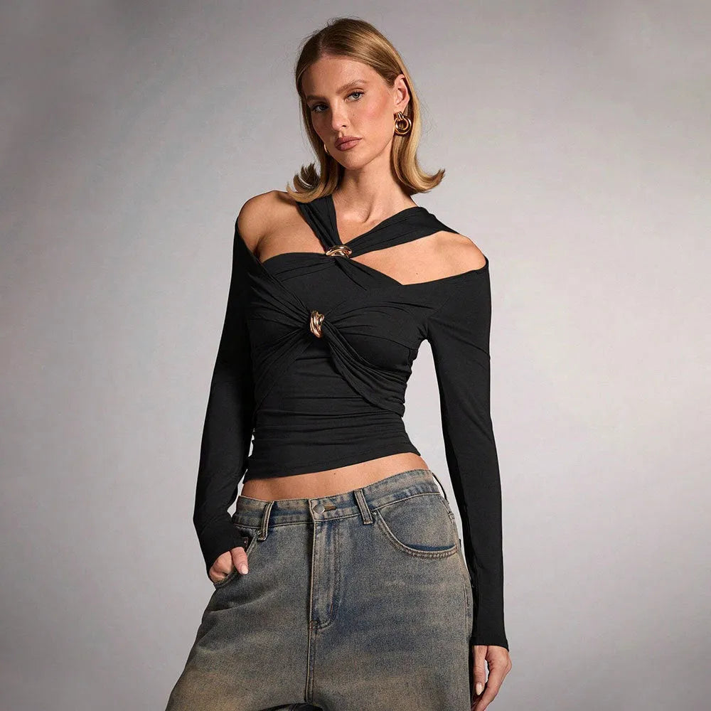 Black women's slim-fit halter top with long sleeves on a model.