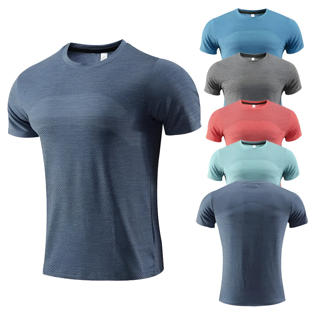 Men's short sleeve polyester spandex running t-shirt in red, shown with size label.