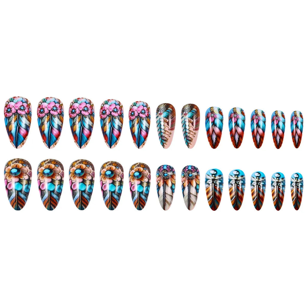 Colourful feather wear armor nail art set with jelly glue burnishing stick featuring retro designs