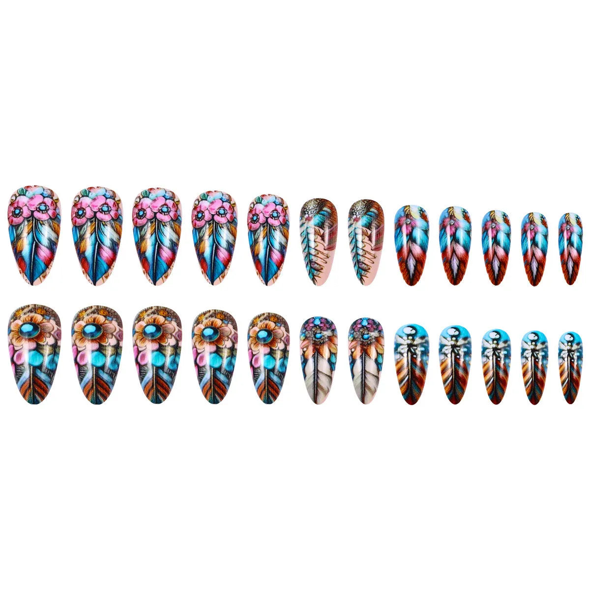 Colourful feather wear armor nail art set with jelly glue burnishing stick featuring retro designs