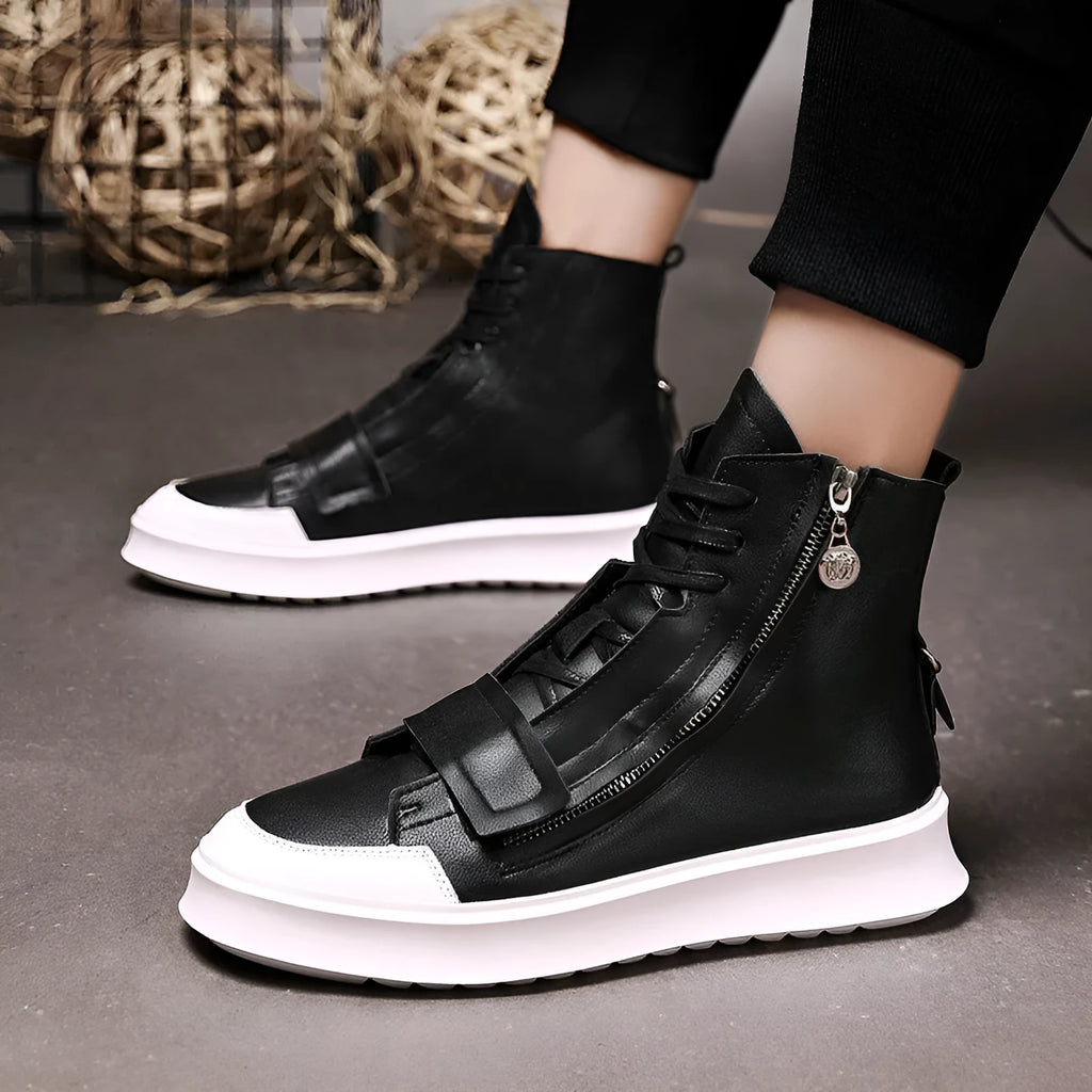 Men's black PU leather ankle boots in a high-top sneaker winter style
