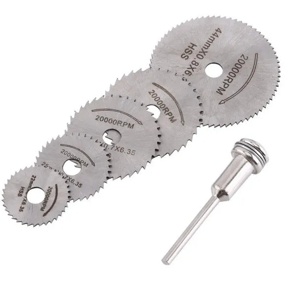 Six small circular saw blades on a mandrel for woodworking, made from high-speed steel.