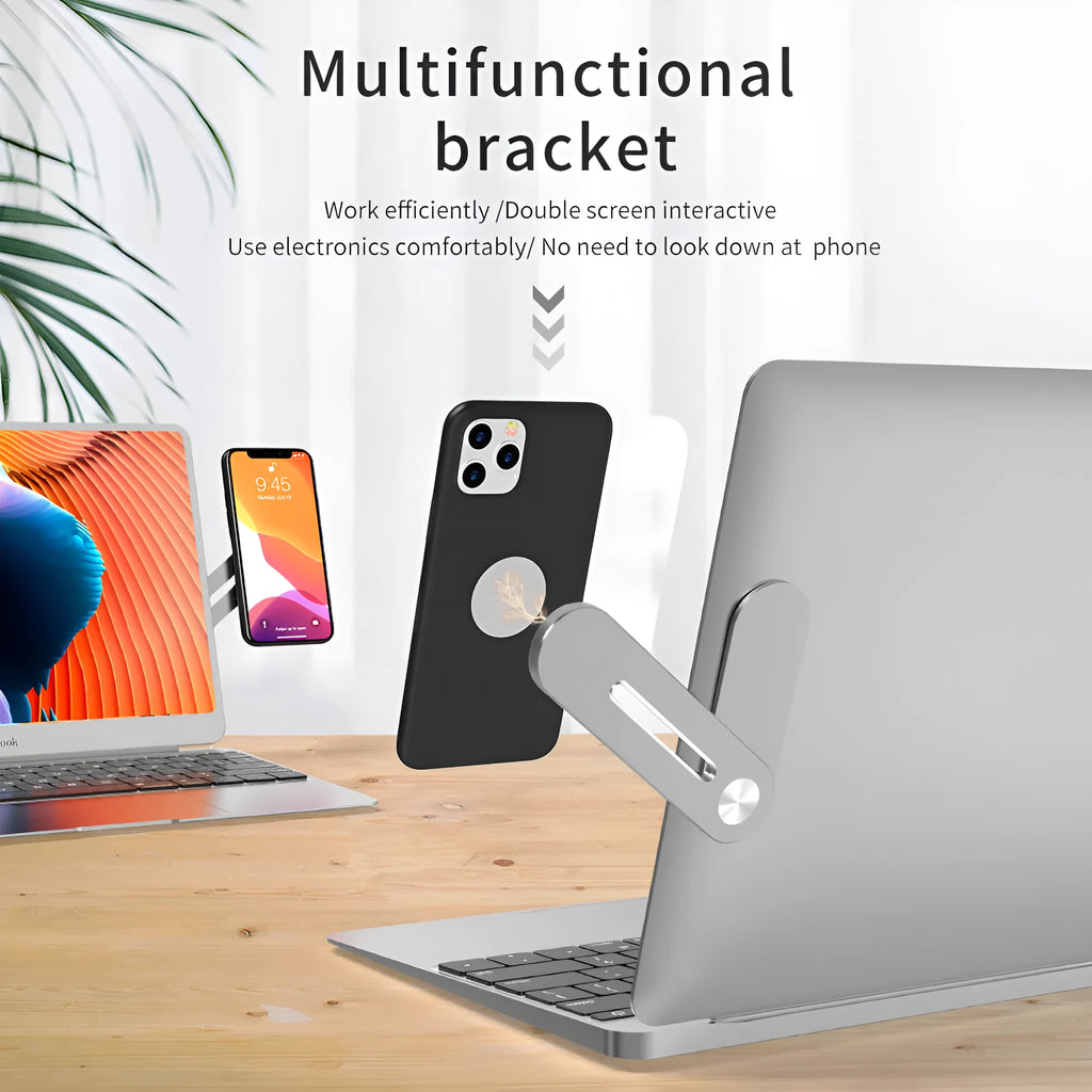 Aluminium alloy laptop side mount bracket holding a smartphone next to a laptop screen, with magnetic pad visible