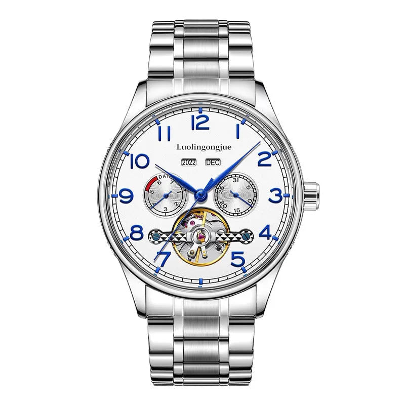 Men's stainless steel business mechanical watch with hollow skeleton dial and leather strap.