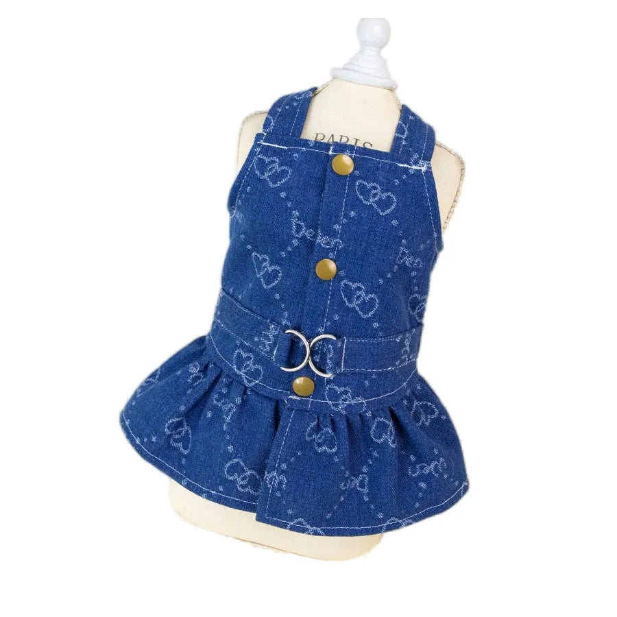 Small dog wearing denim princess dress with bracket skirt design