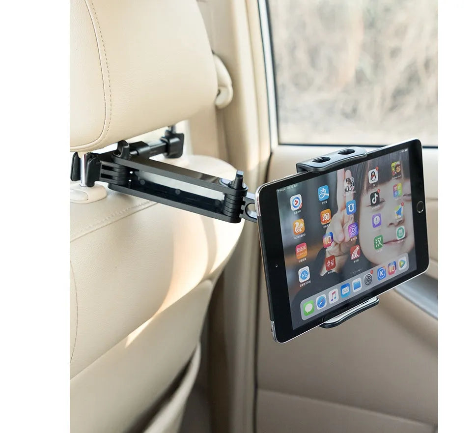 Black car phone holder with rear seat base mount for tablets and smartphones