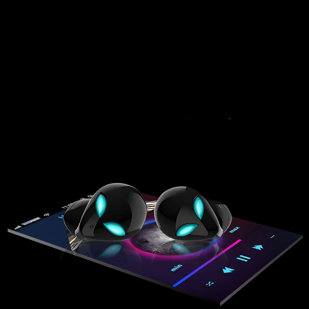 Creative Outer T8 Starman alien design Bluetooth headset with red LED lights and wireless charging case.