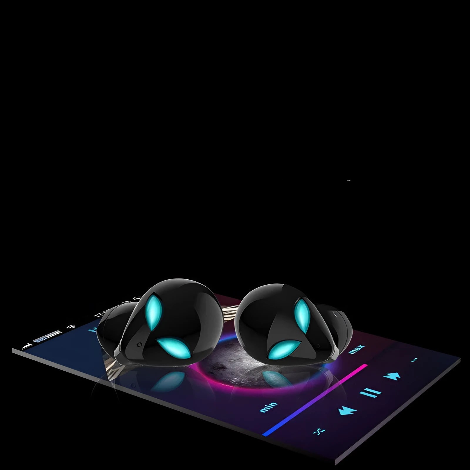 Creative Outer T8 Starman alien design Bluetooth headset with red LED lights and wireless charging case.
