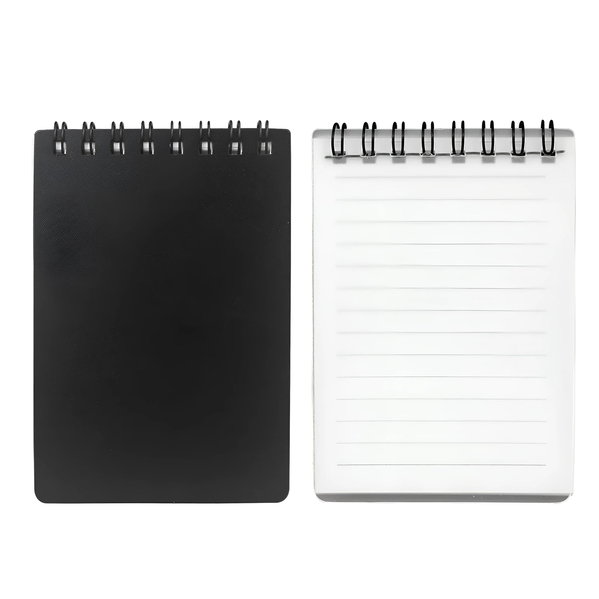 Business Intelligence Notepad with spiral binding, black white transparent PP cover, 105x75mm paper, pen and rag included