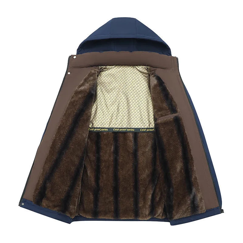 Men's fleece-lined thickened hooded winter coat in solid colour, side seam pockets, cardigan style
