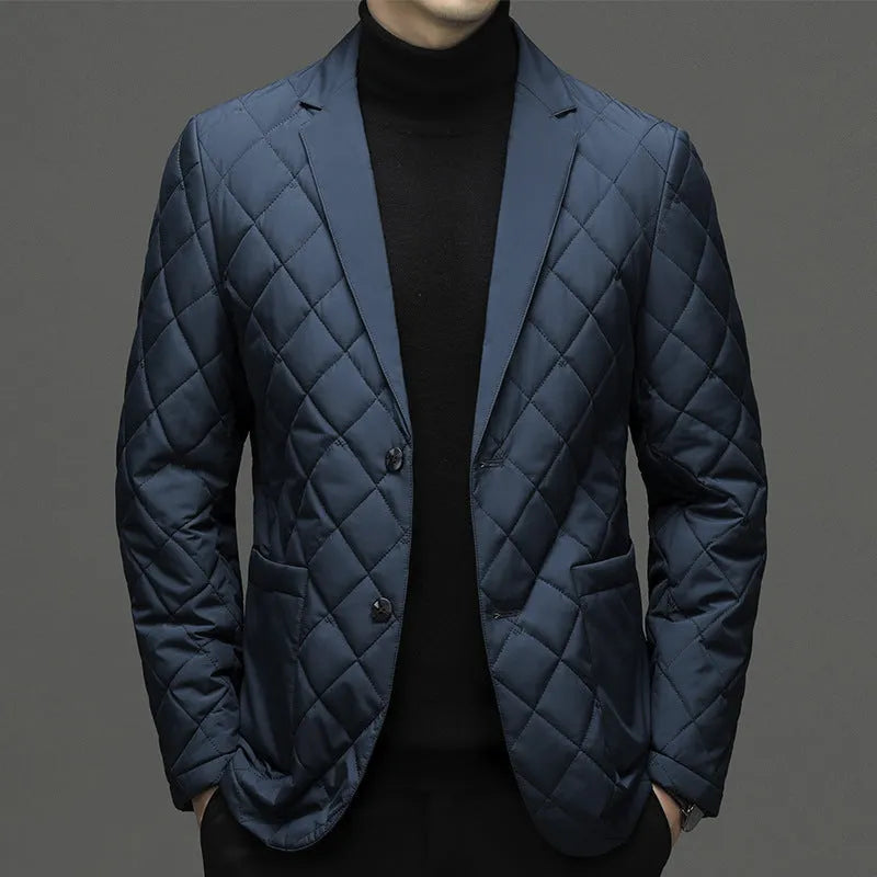 Men's solid colour down jacket with cardigan lapel and side seam pockets in winter setting