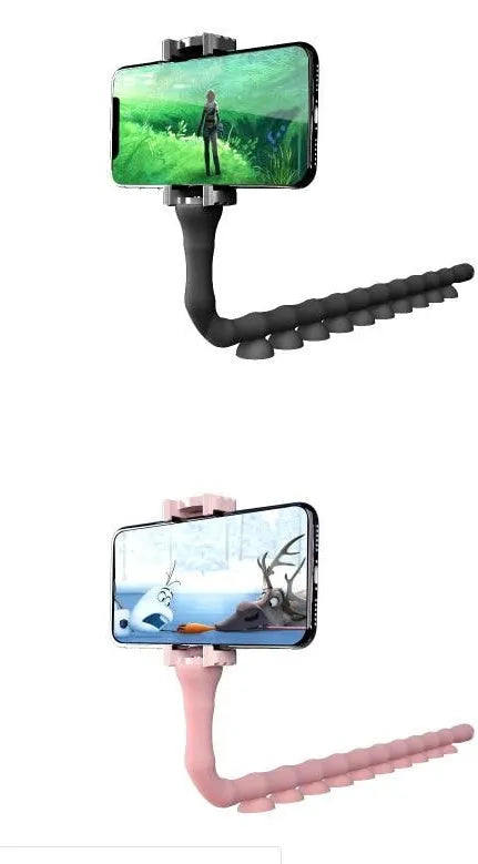 Black flexible rubber phone holder with suction cup extended on a 62cm arm