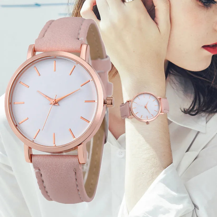 Square-faced quartz watch with a PU leather strap, shown in available colours on a wrist.