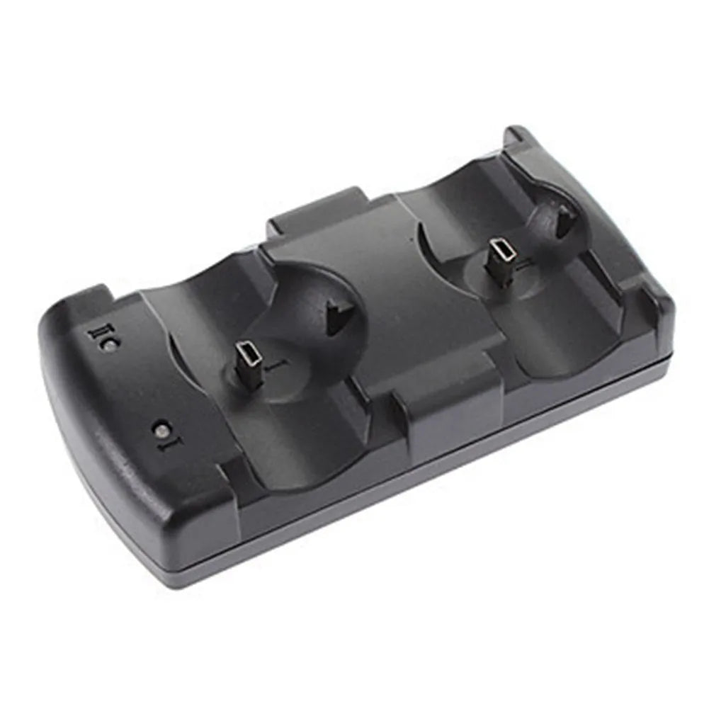 Black plastic dual USB charging dock for PlayStation 3 controllers and Move navigation controllers.