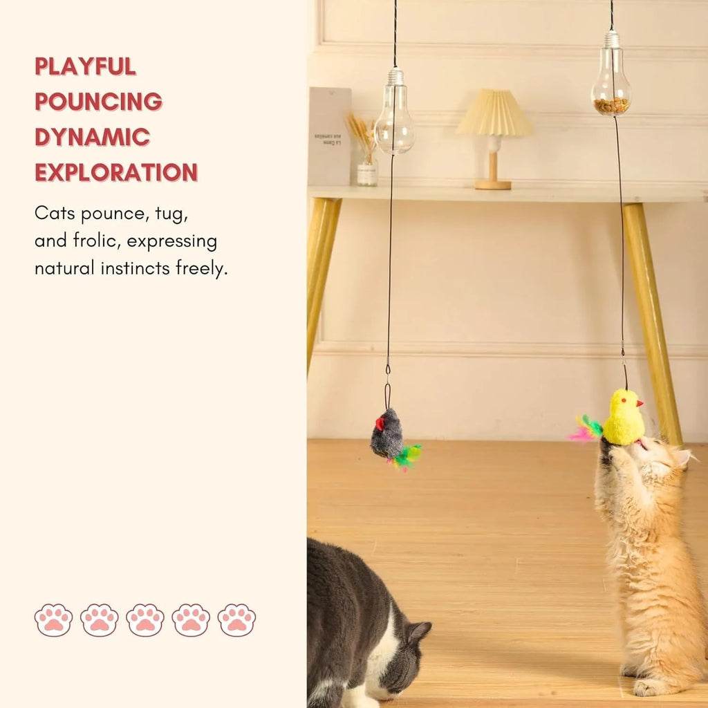 Gray creative interactive cat toy hanging on door frame with treat-dispenser bulb and dangling mouse toy
