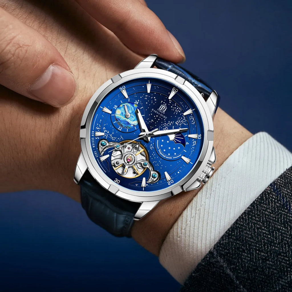 Men's blue dial automatic mechanical watch with stainless steel case and date window