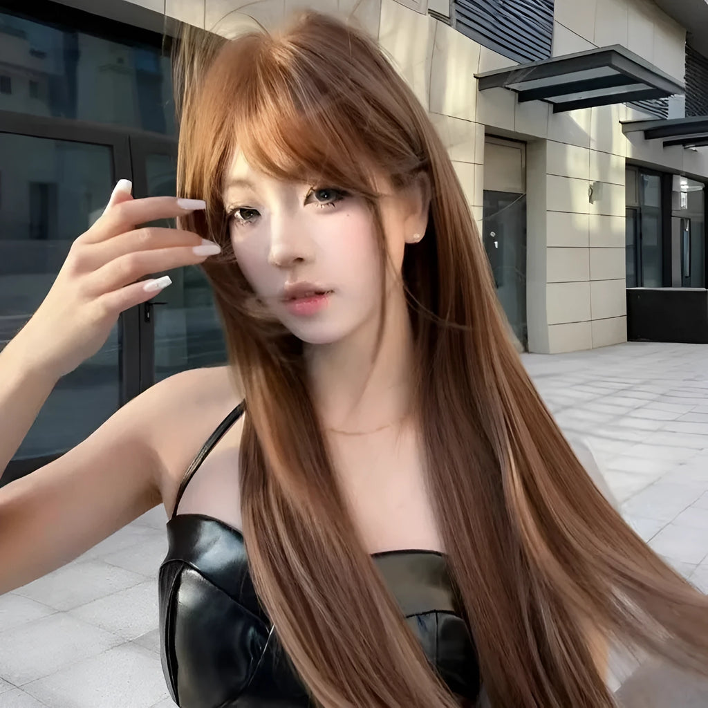 Long straight wig with bangs in warm tea chestnut brown high temperature fibre for women