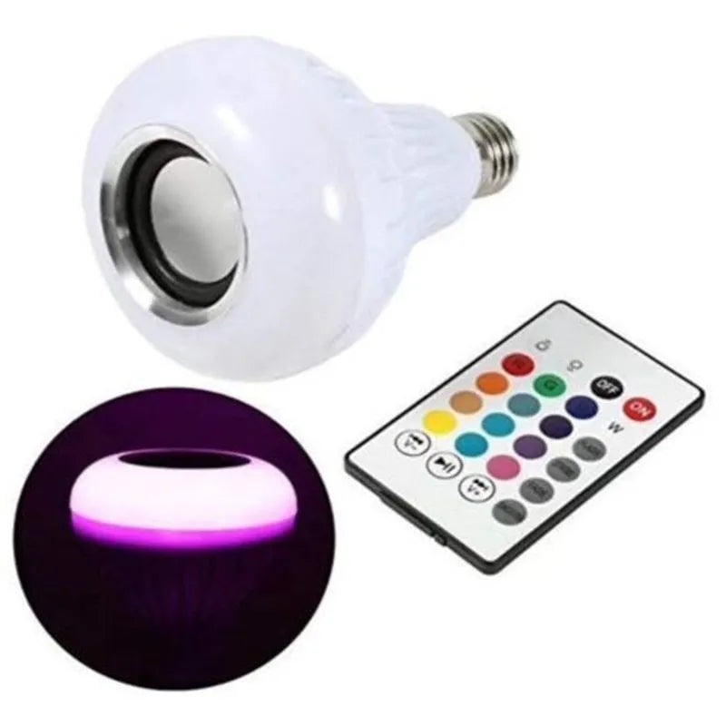 White E27 smart LED bulb with Bluetooth speaker and remote control for wireless light and music adjustment.