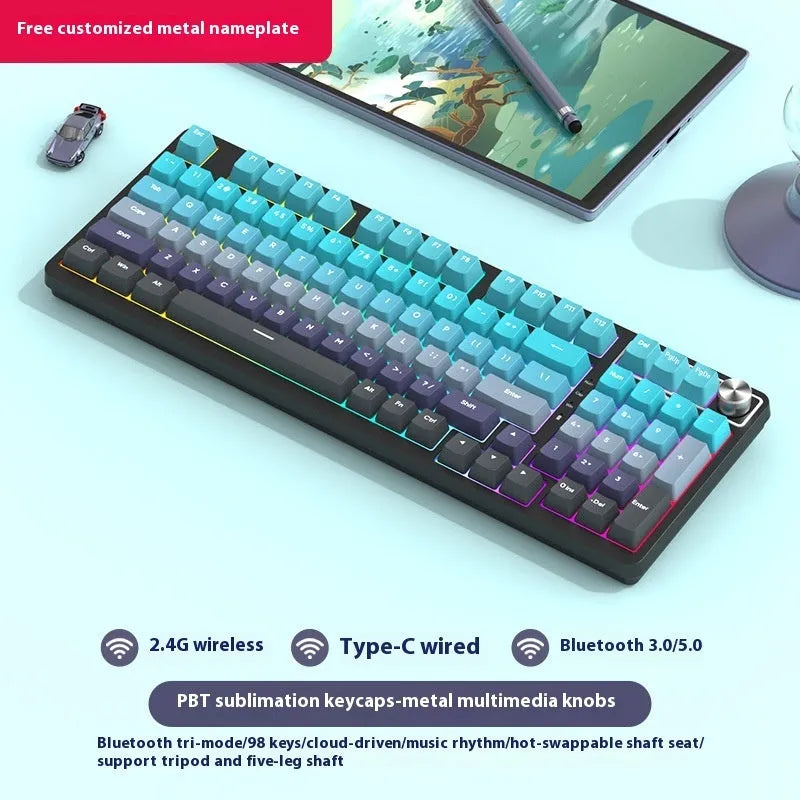98 key wireless Bluetooth mechanical keyboard with display screen and metal knob