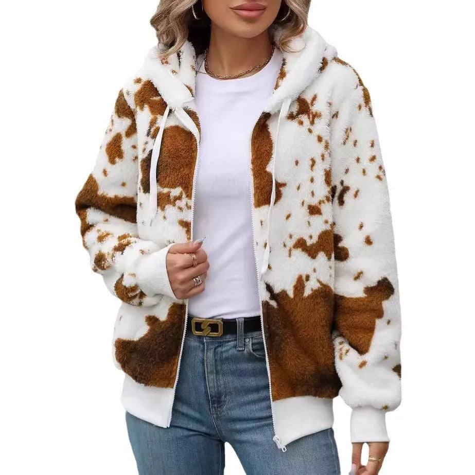 Yellow brown cow print hooded cardigan jacket with zip fastening and regular sleeves