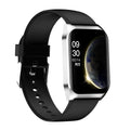 Black smart watch with 1.69-inch screen displaying heart rate and call functions on silicone wrist strap