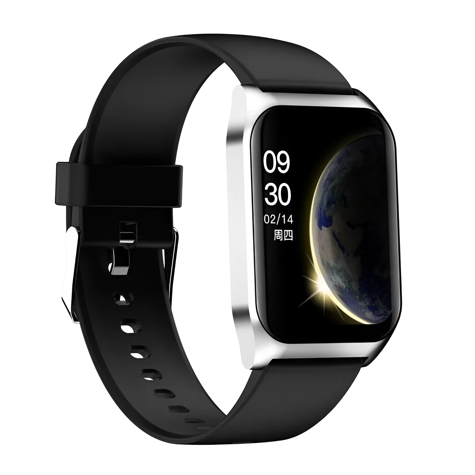 Black smart watch with 1.69-inch screen displaying heart rate and call functions on silicone wrist strap