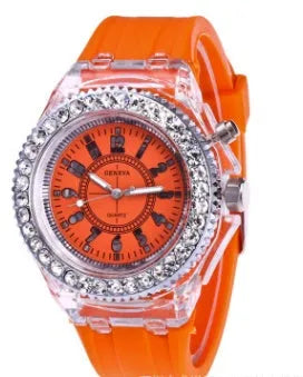 Women's LED luminous quartz watch with round dial and silicone strap in multiple colour options