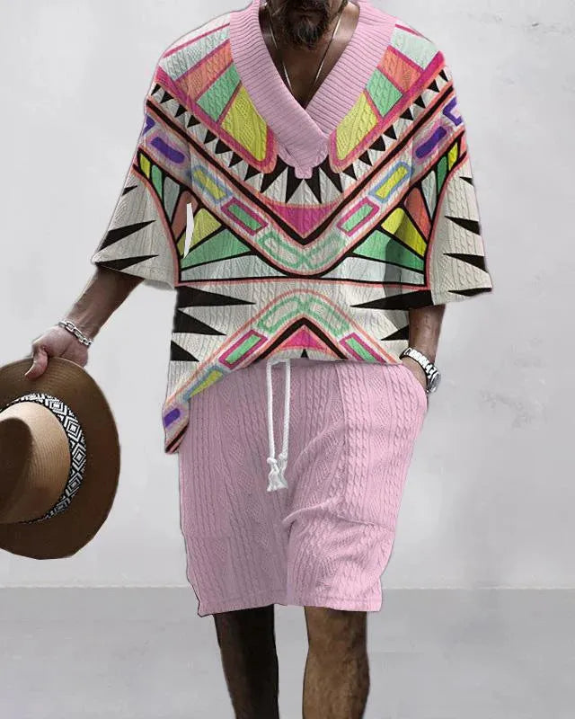 Men's loose casual short sleeve suit with matching shorts in polyester fibre