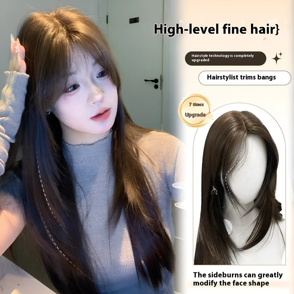 Ladies long straight layered wig in cold brown with lace front, natural style, includes hair net