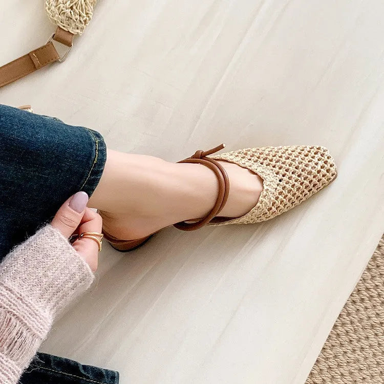 Women's square toe hollow breathable chunky heel slippers in beige artificial PU with rubber sole