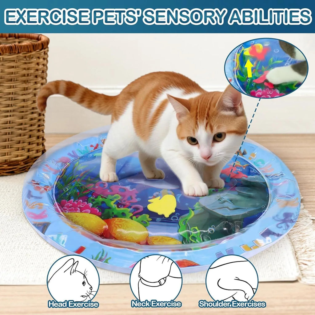 A square, blue water sensory playmat for cats on a floor, showing floating fish toys inside the clear water-filled centre.