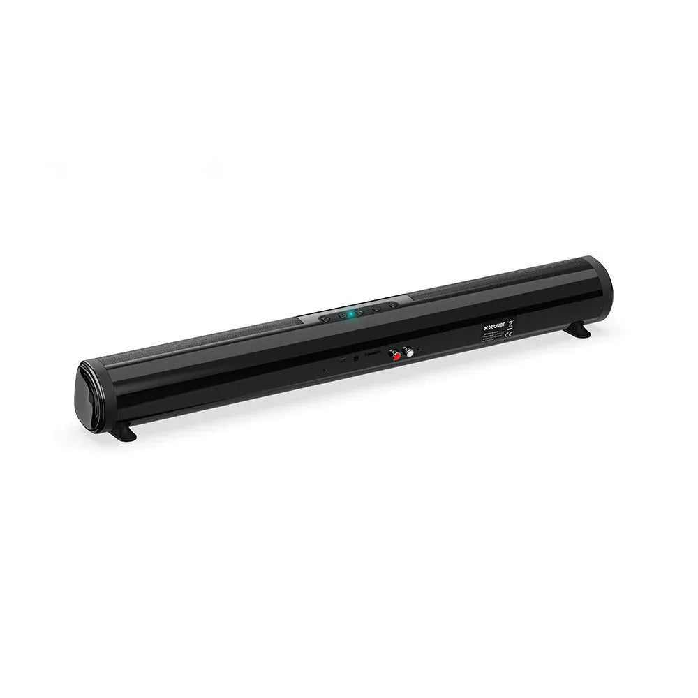 High-power Bluetooth soundbar speaker in black with PVC+ABS shell, 4x5W output, TF card slot and USB port